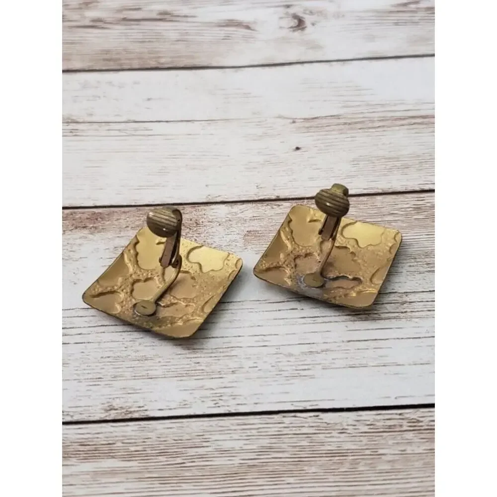 Vintage Clip On Earrings Gray & Gold Tone Square Shape Cloud Pattern Large
